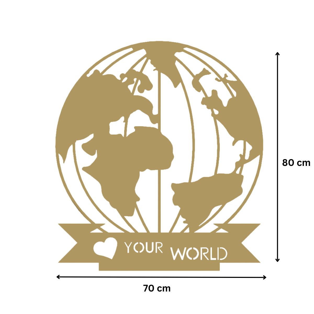 Decoratiune perete metal, model Globul Pamantesc, 80x70 cm, auriu