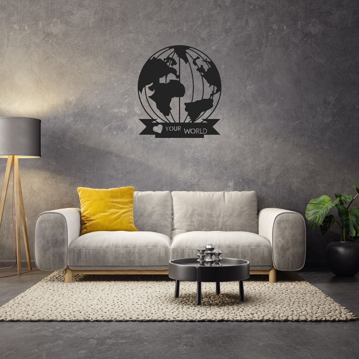 Decoratiune perete metal, model Globul Pamantesc, 80x70 cm, negru