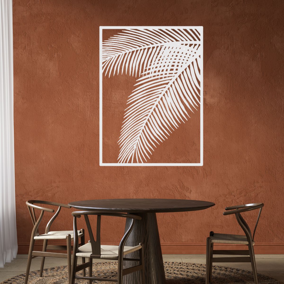 Decoratiune de perete din metal, model frunza de palmier, 50x68 cm, alb