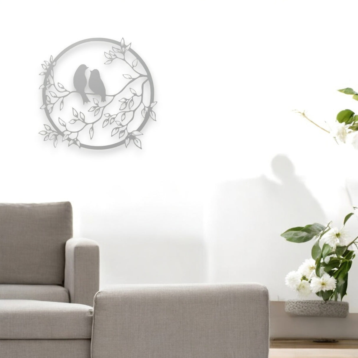 Decoratiune perete metal, model pasari, 59.8x 56.2 cm, alb