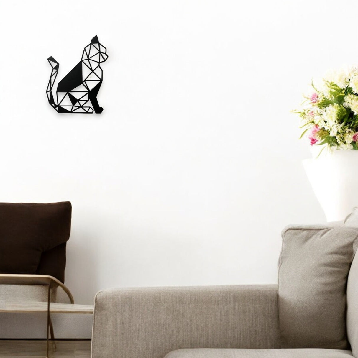 Decoratiune de perete din metal, model pisica geometrica, 40x31,5 cm, negru