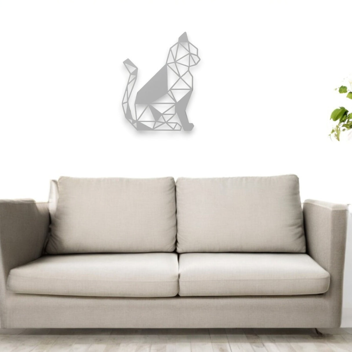 Decoratiune de perete din metal, model pisica geometrica, 40x31,5 cm, alb