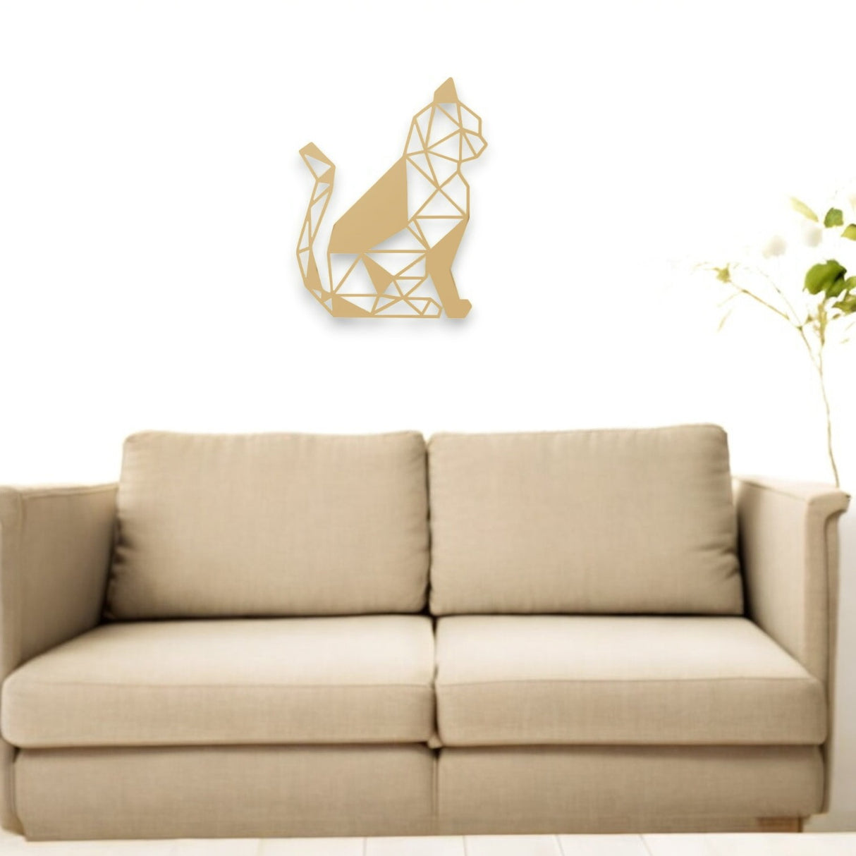 Decoratiune de perete din metal, model pisica geometrica, 40x31,5 cm, auriu