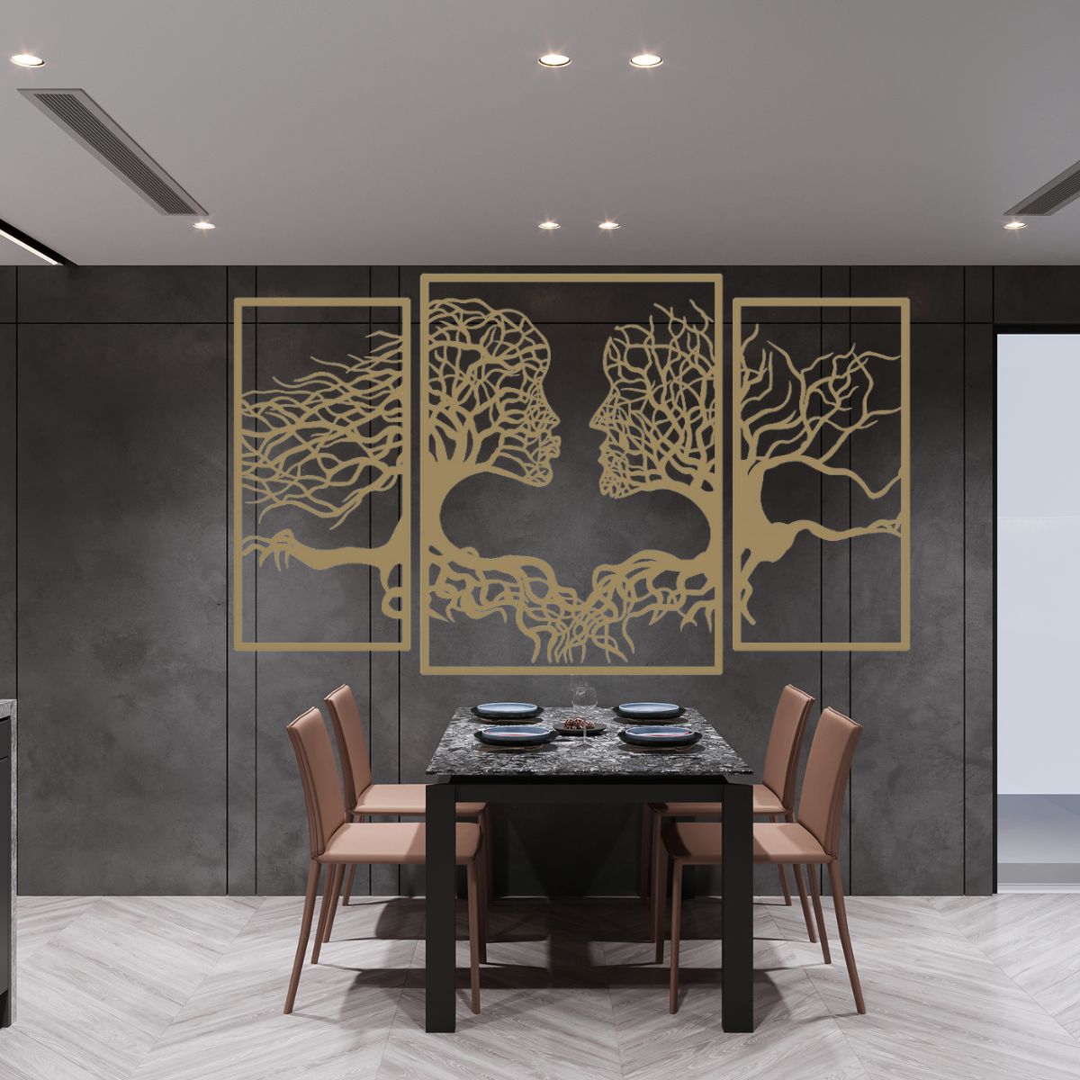 Decoratiune perete metal, model Tree Kiss, 173 x 106 cm, auriu