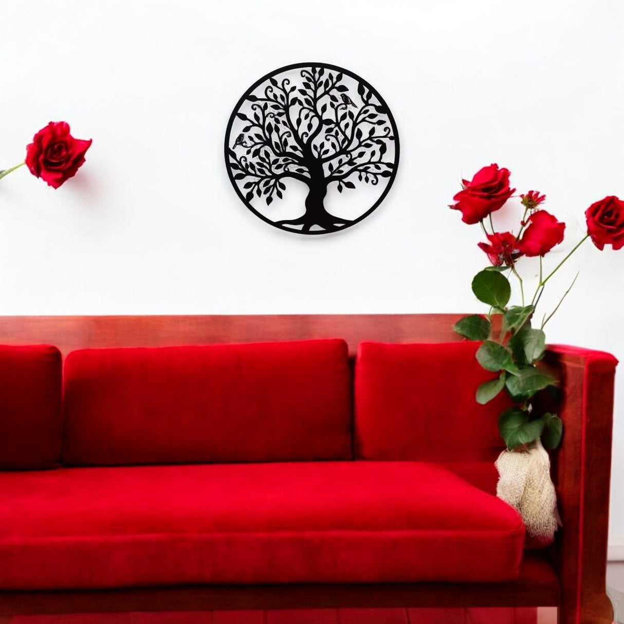 Decoratiune de perete living din metal, copacul vietii, negru, 75x75