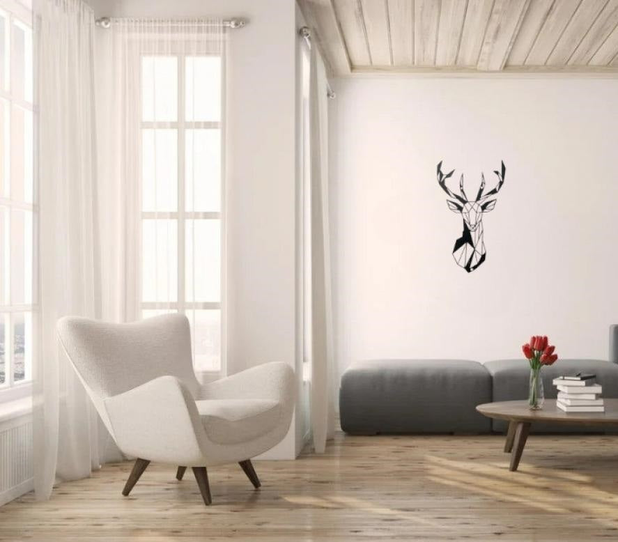 Decoratiune de perete din metal, 50 x 30 cm, model cerb minimalist, negru