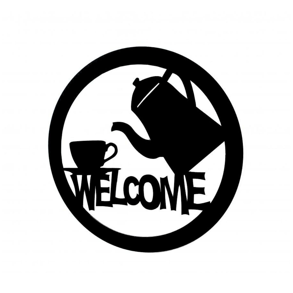 Decoratiune perete metal, model welcome, 50x50 cm, negru