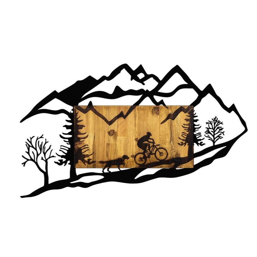 Decoratiune perete din metal si lemn, model biciclist in natura, 110x3x65 cm