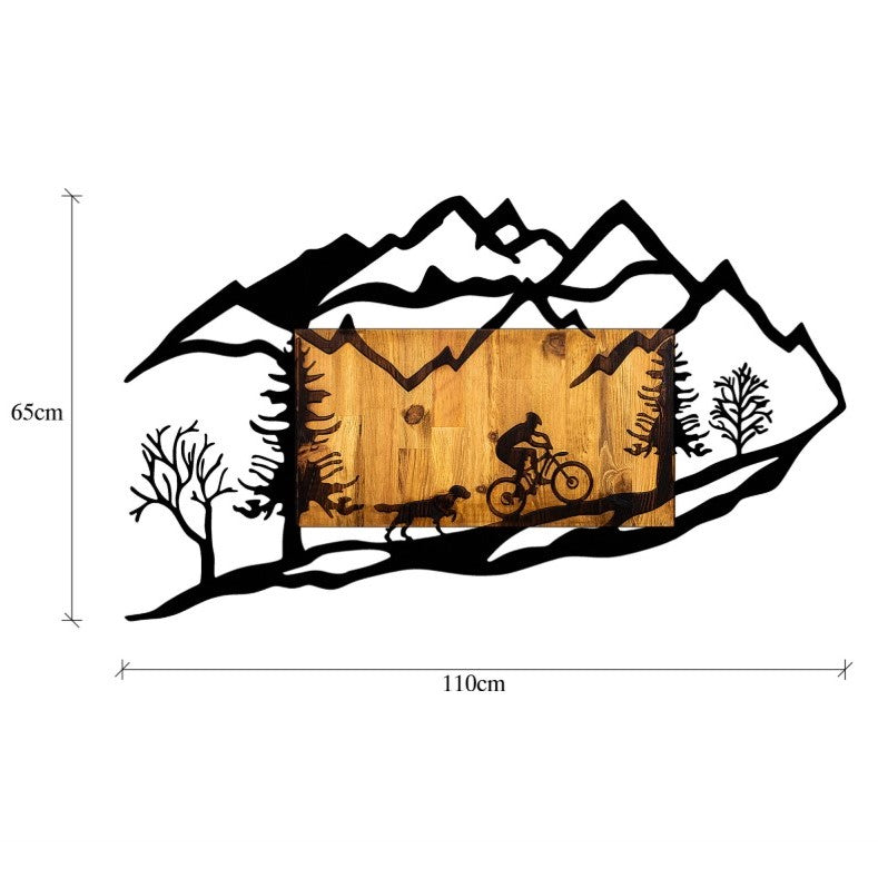 Decoratiune perete din metal si lemn, model biciclist in natura, 110x3x65 cm