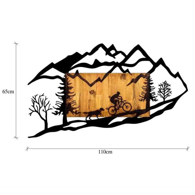 Decoratiune perete din metal si lemn, model biciclist in natura, 110x3x65 cm - BUZ.RO