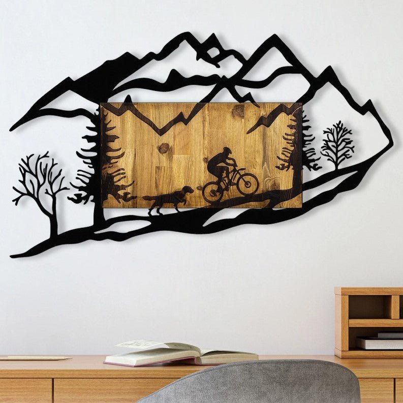 Decoratiune perete din metal si lemn, model biciclist in natura, 110x3x65 cm - BUZ.RO