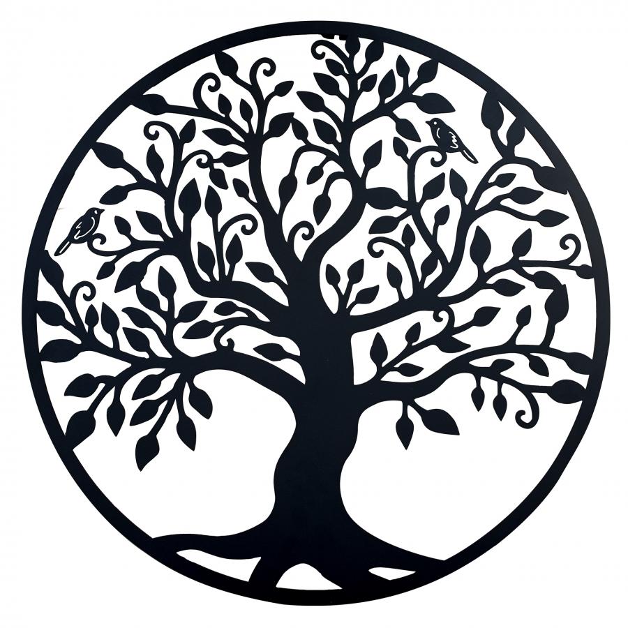 Decoratiune de perete living din metal, copacul vietii, negru, 90x90