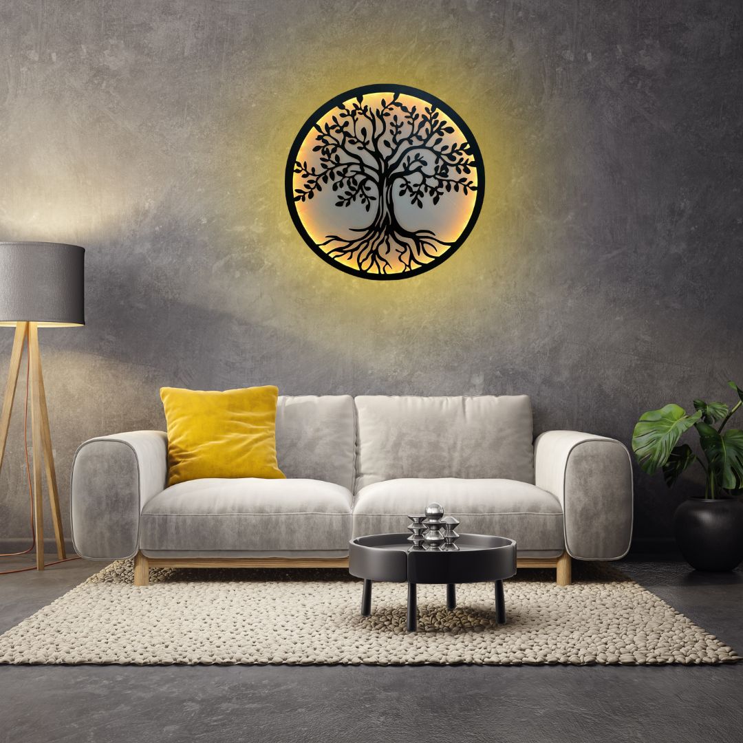 Decoratiune perete metal, model copacul vietii, LED, 50x50 cm