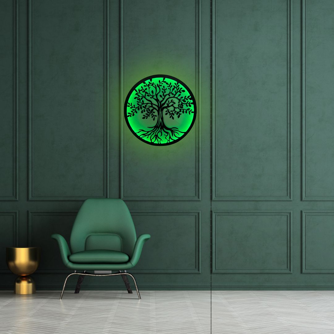 Decoratiune perete metal, model copacul vietii, LED, 50x50 cm