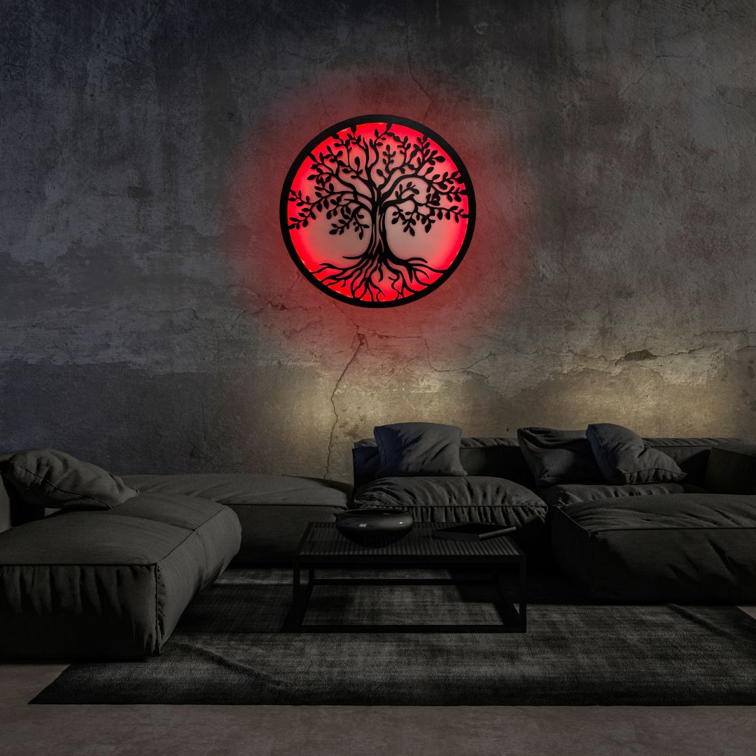 Decoratiune perete metal, model copacul vietii, LED, 50x50 cm
