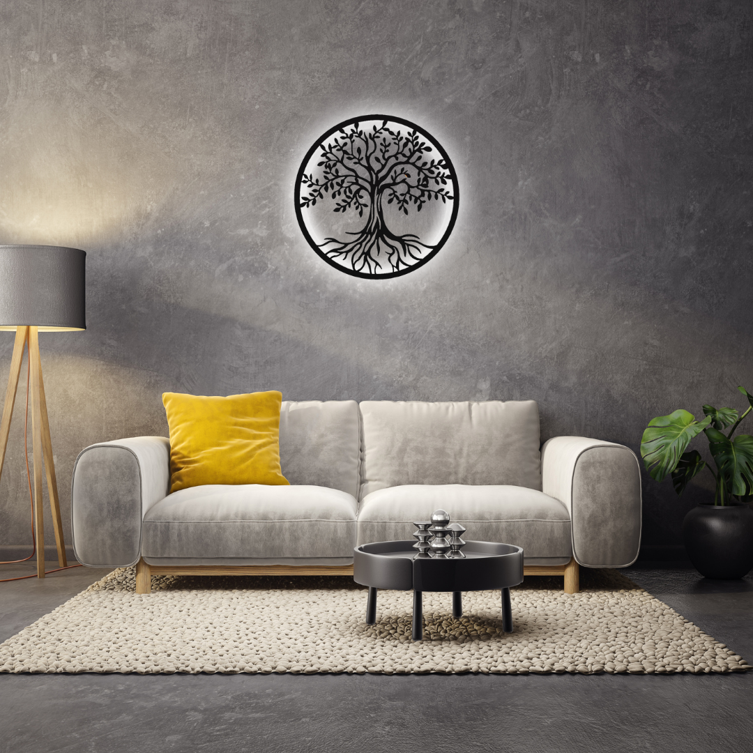 Decoratiune perete metal, model copacul vietii, LED, 50x50 cm