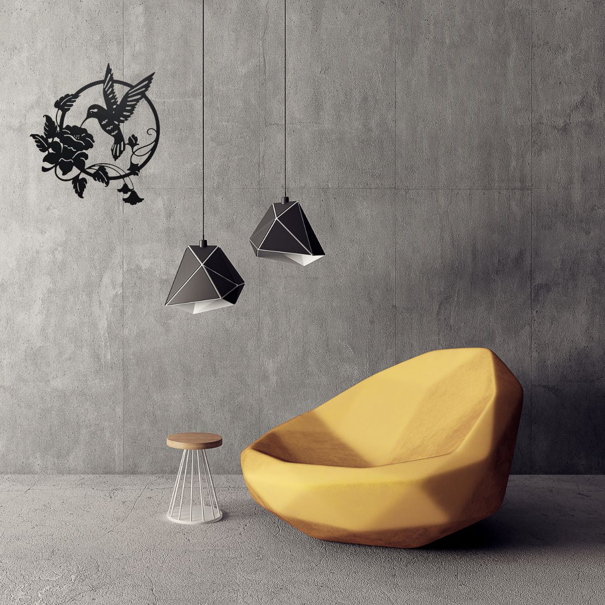 Decoratiune perete metal, model pasarea colibri, 65x59 cm, negru