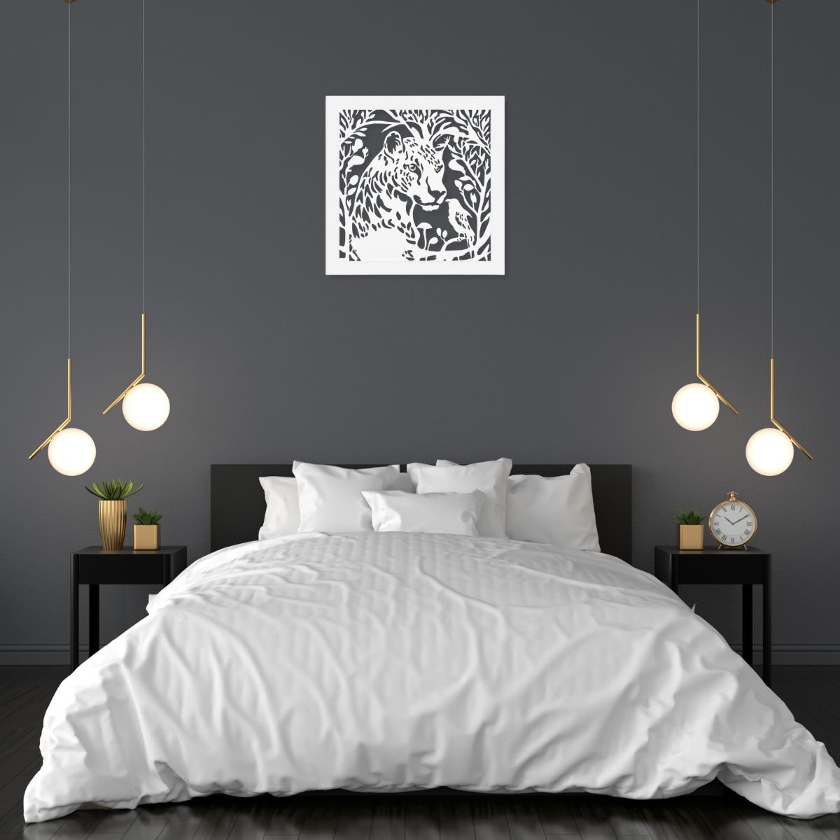 Decoratiune perete metal, model Tiger, 50x50cm, Alb