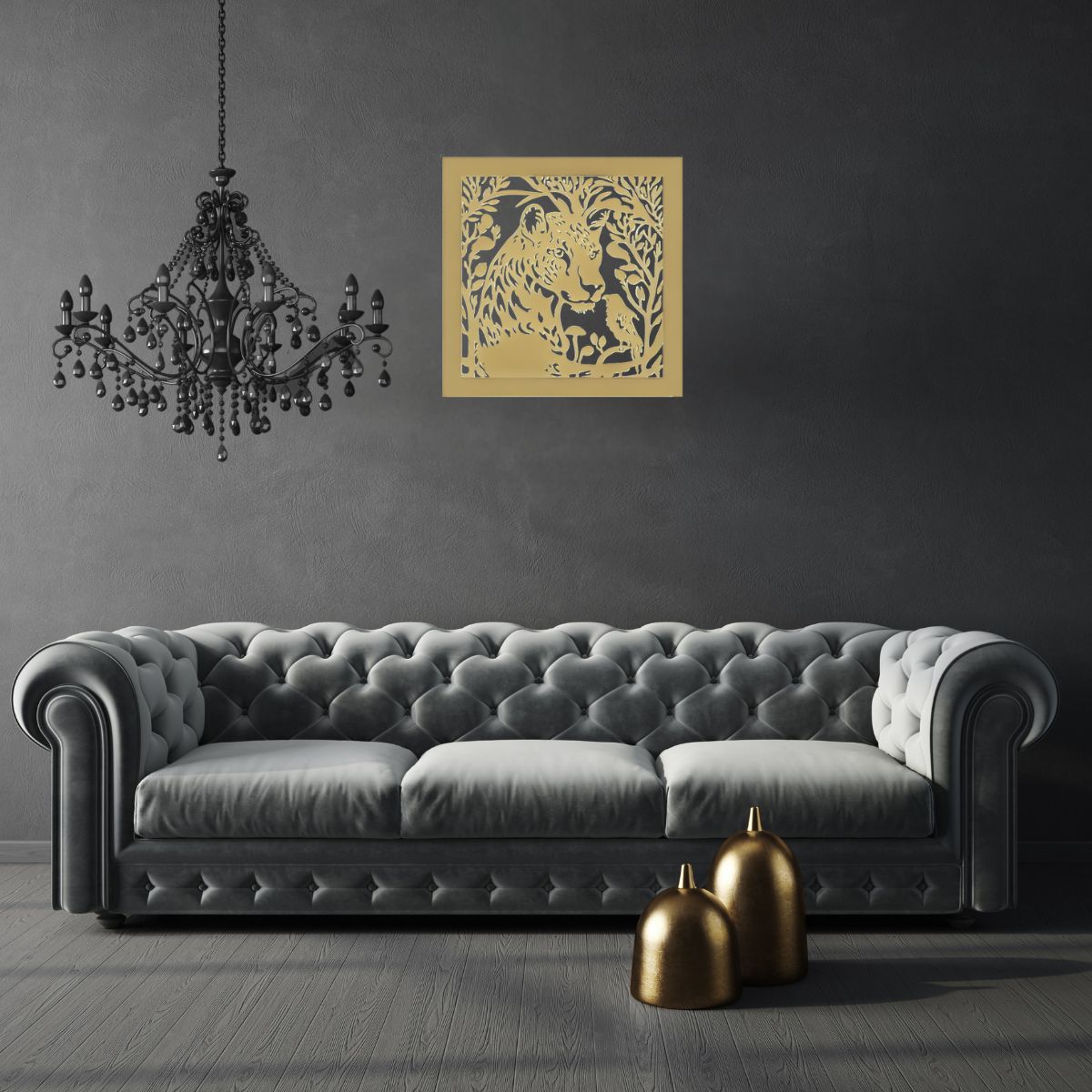 Decoratiune perete metal, model Tiger, 50x50cm, Auriu