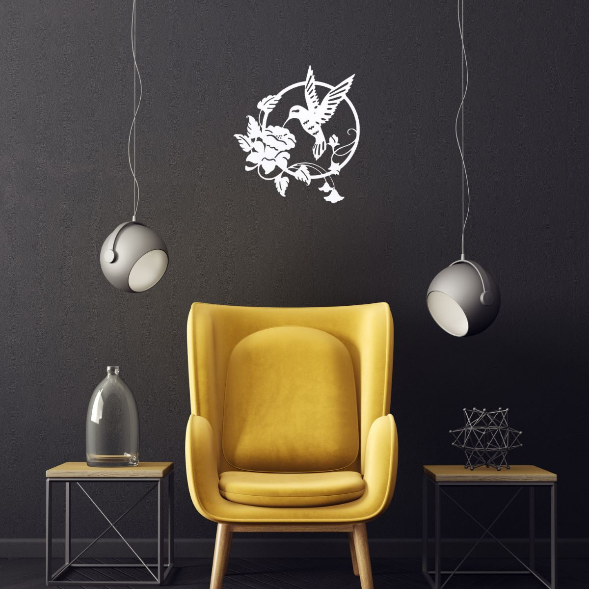 Decoratiuni perete living din metal , pasarea colibri alb