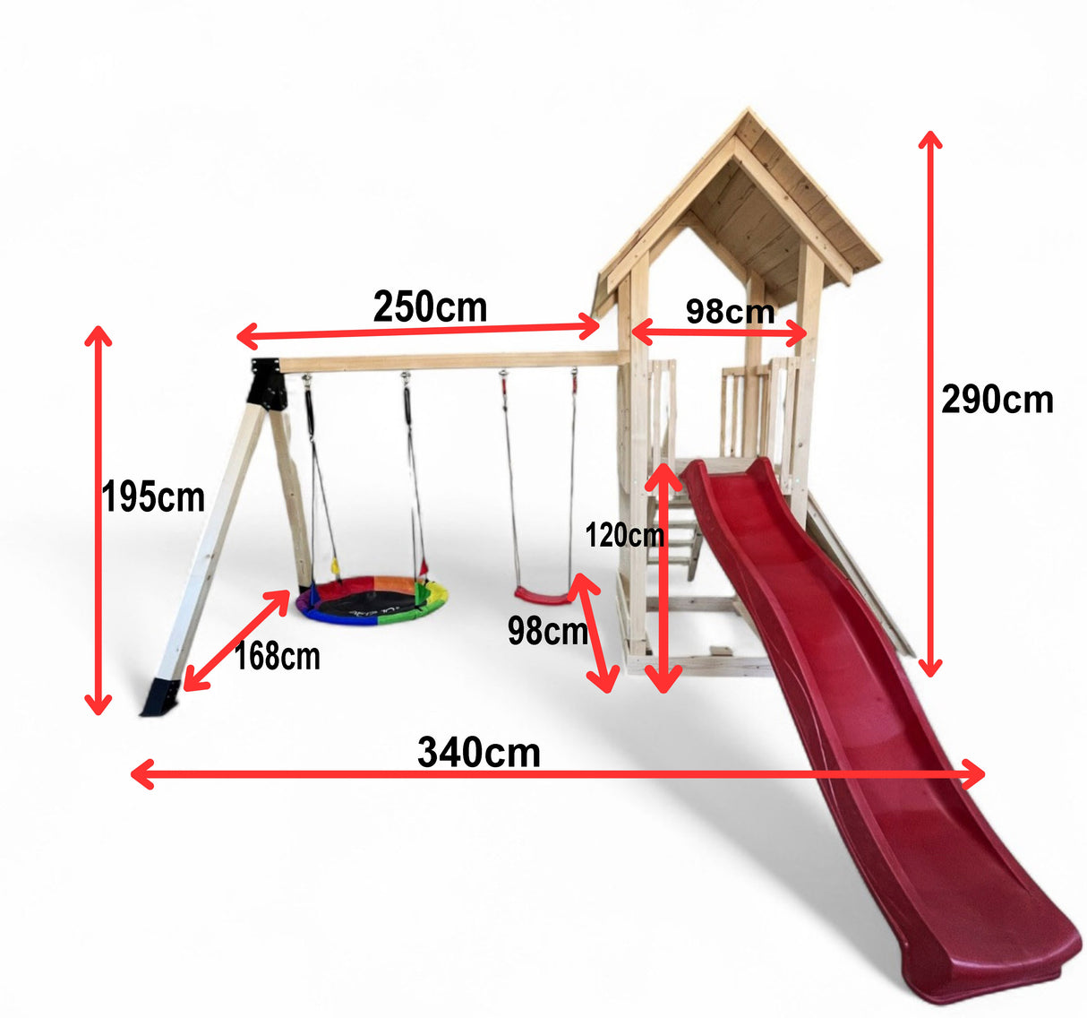 Complex de joaca copii, Tobogan,casuta lemn ,leagan, placa de catarare + lada de nisip, conectori metalici, PREMIUM
