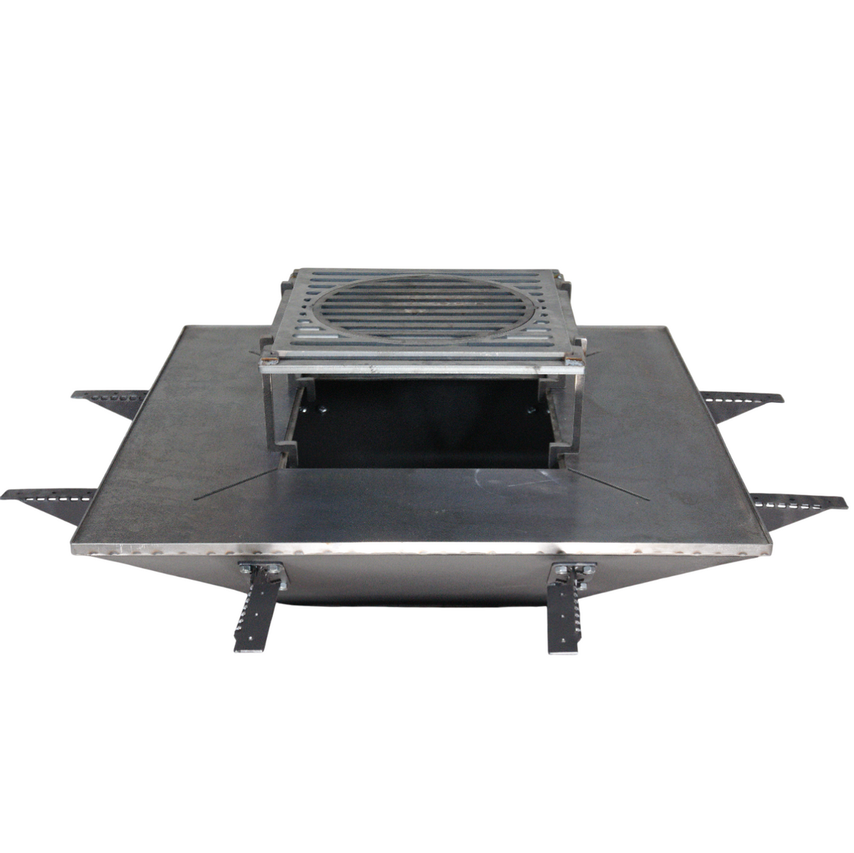 Firepit, plita gratar cu focar, plita incorporabila cu suport ceaun/disc, 75x75 cm+ grill