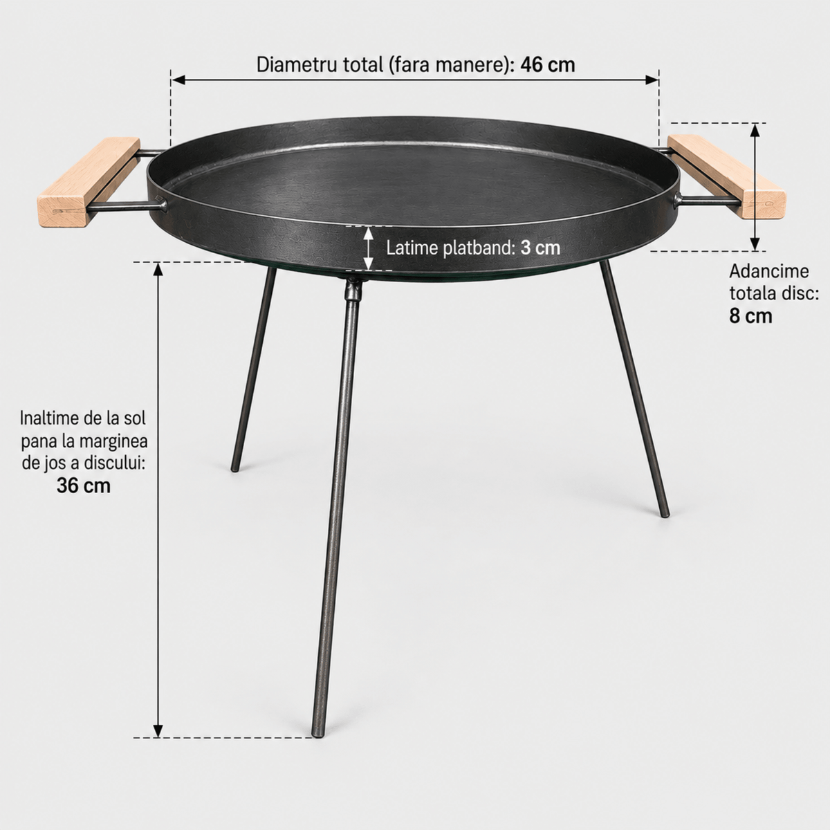 Disc gratar pentru gatit la foc, Ø 46 cm, cu manere din lemn si picioare metalice - BUZ.RO