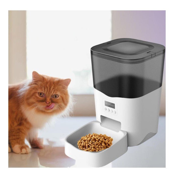 Dispenser automat mancare, pentru animale, wifi, programabil, afisaj LCD, conectare telefon, alb negru, 3L - BUZ.RO