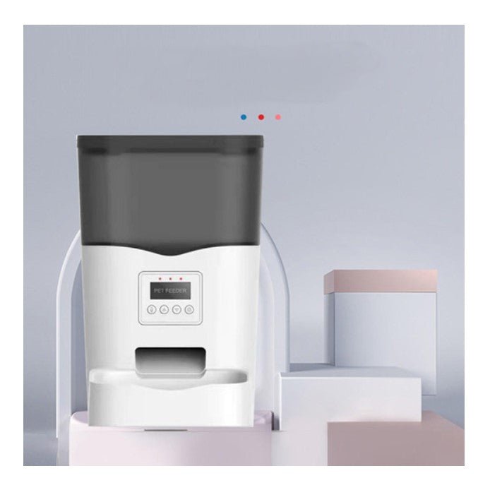 Dispenser automat mancare, pentru animale, wifi, programabil, afisaj LCD, conectare telefon, alb negru, 3L - BUZ.RO