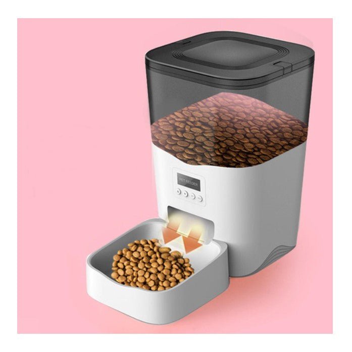 Dispenser automat mancare, pentru animale, wifi, programabil, afisaj LCD, conectare telefon, alb negru, 3L - BUZ.RO