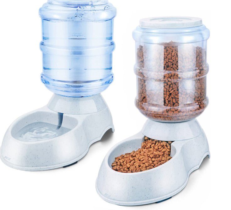 Dispenser dozator mancare si apa automat, adapatoare, catei si pisici, dispenser hrana si recipient apa, set 2 buc - BUZ.RO