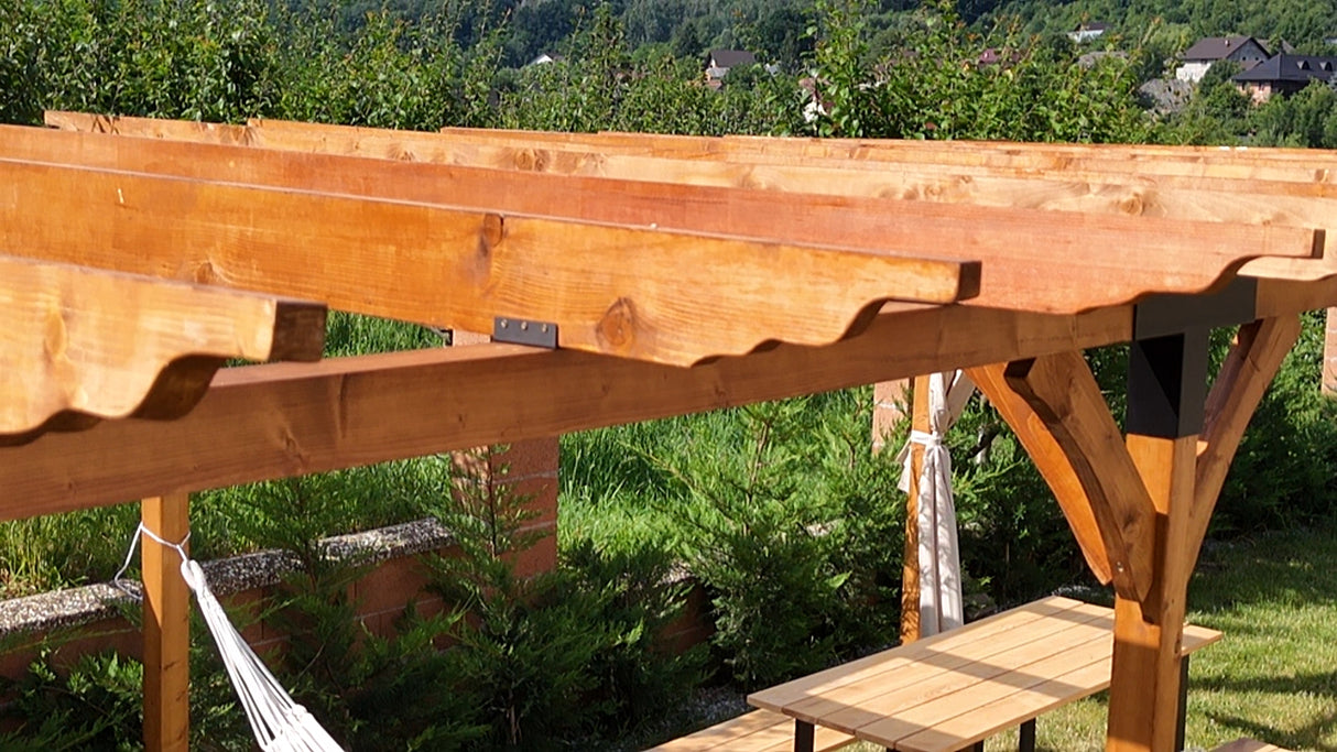 Pergola foisor pavilion lemn pentru gradina sau curte, conectori metalici, umbrar curte