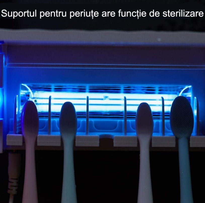 Dozator pasta de dinti, suport periute de dinti, sterilizator cu lumina UV pentru dezinfectarea periutelor de dinti, alb - BUZ.RO