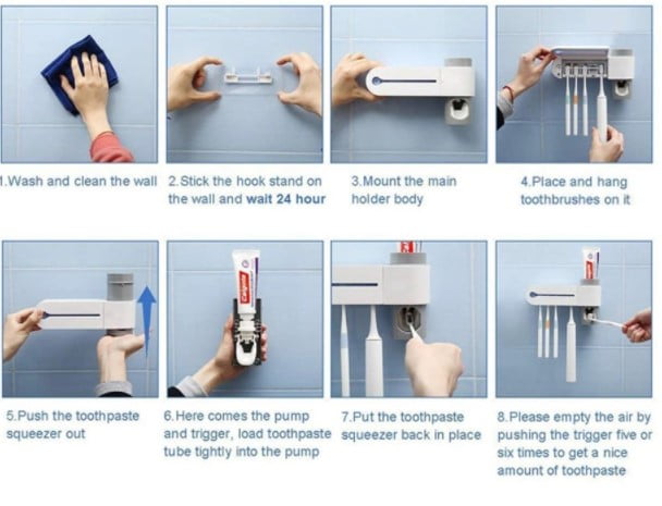 Dozator pasta de dinti, suport periute de dinti, sterilizator cu lumina UV pentru dezinfectarea periutelor de dinti, alb