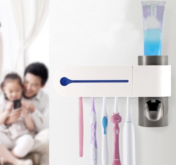 Dozator pasta de dinti, suport periute de dinti, sterilizator cu lumina UV pentru dezinfectarea periutelor de dinti, alb