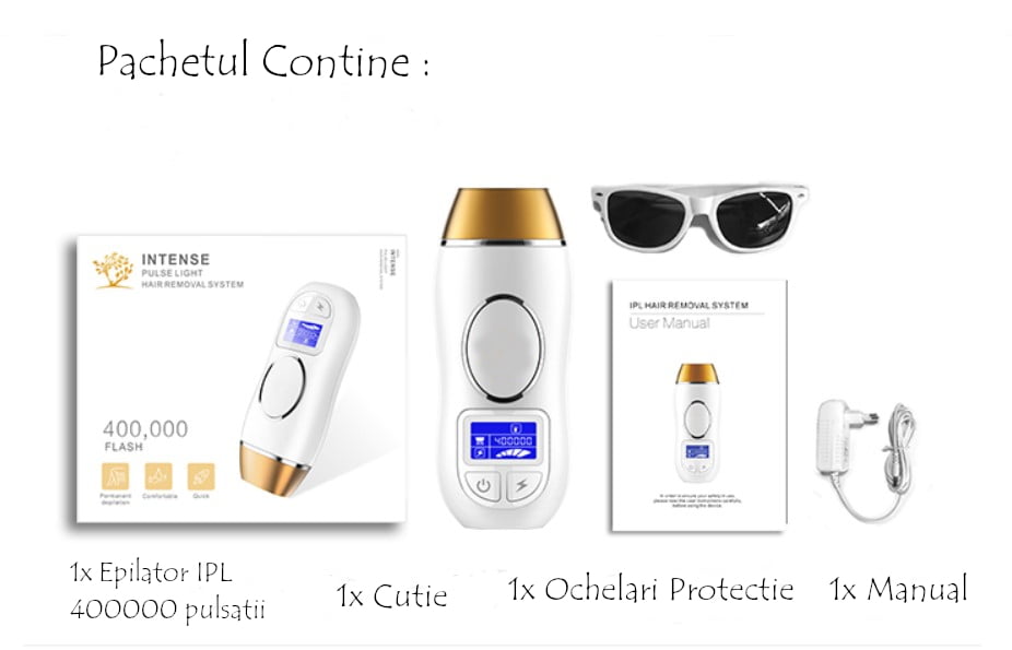 Epilator IPL, epilare definitiva, cu LCD, 3 in 1, 400.000 pulsatii, 5 trepte
