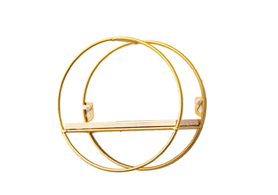 Etajera decorativa cu suport de metal in culoarea aurie, cerc