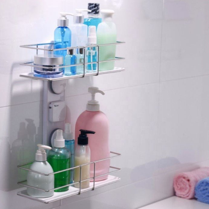 Etajera dubla pentru baie, pentru organizare si depozitare, din ABS sistem prindere de perete, 38.5x30 cm - BUZ.RO