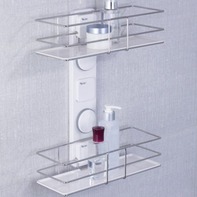 Etajera dubla pentru baie, pentru organizare si depozitare, din ABS sistem prindere de perete, 38.5x30 cm
