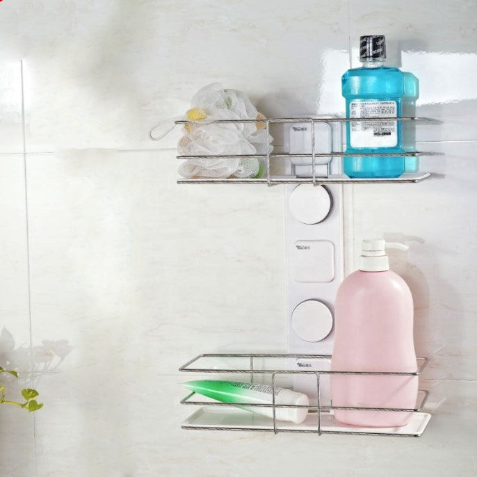Etajera dubla pentru baie, pentru organizare si depozitare, din ABS sistem prindere de perete, 38.5x30 cm