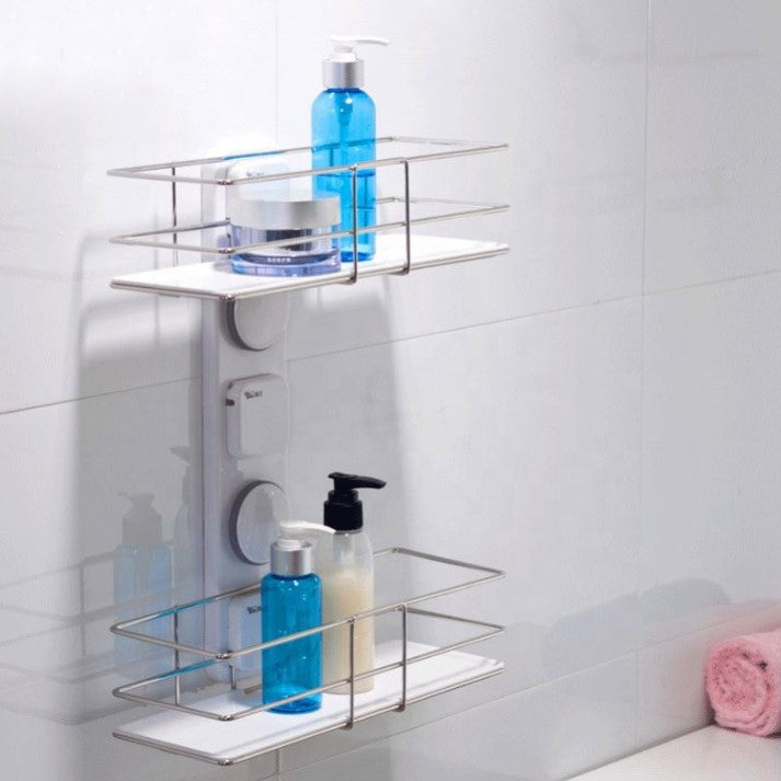Etajera dubla pentru baie, pentru organizare si depozitare, din ABS sistem prindere de perete, 38.5x30 cm