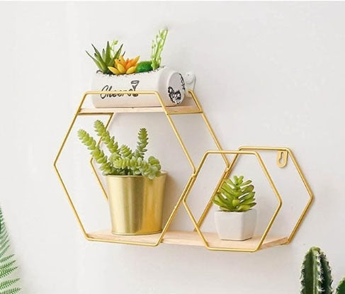 Etajere decorative, cu suport metal, culoarea aurie, hexagon