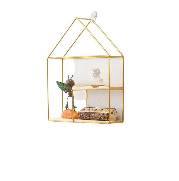 Etajere decorative cu suport de metal in culoarea aurie, casuta