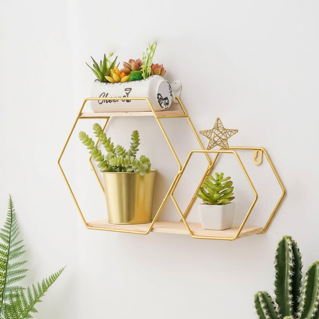 Etajere decorative, cu suport metal, culoarea aurie, hexagon - BUZ.RO
