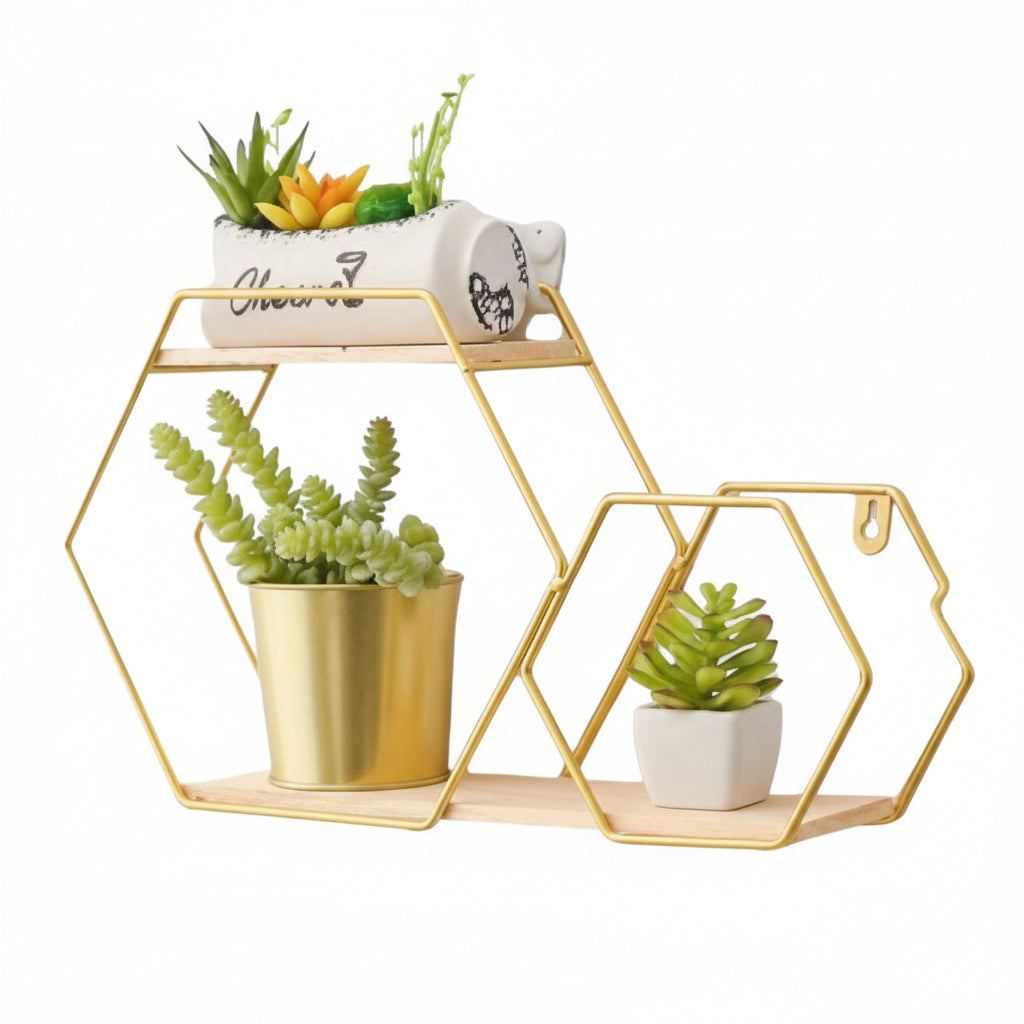 Etajere decorative, cu suport metal, culoarea aurie, hexagon - BUZ.RO