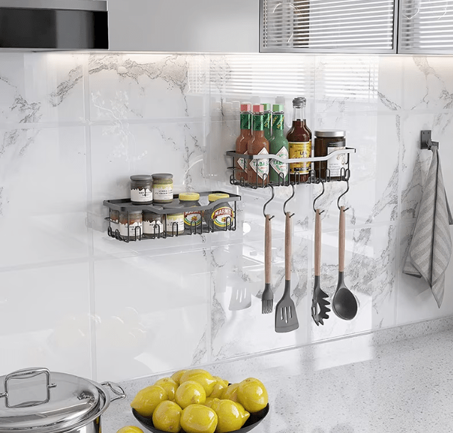 Etajere, raft, depozitare, din otel inoxidabil, bucatarie, baie, 30x11.5x11.5cm, set 2 bucati, negru - BUZ.RO