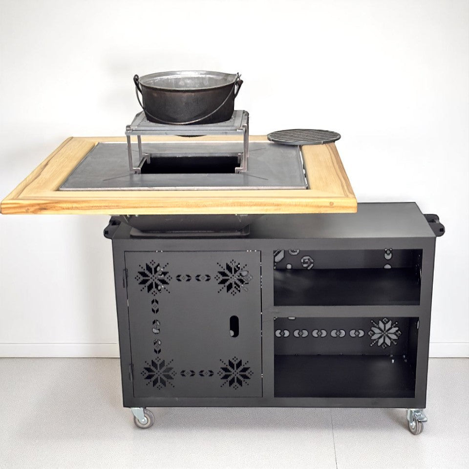 Gratar gradina cu plita 75 cm + blat lemn Firepit din otel 10 mm