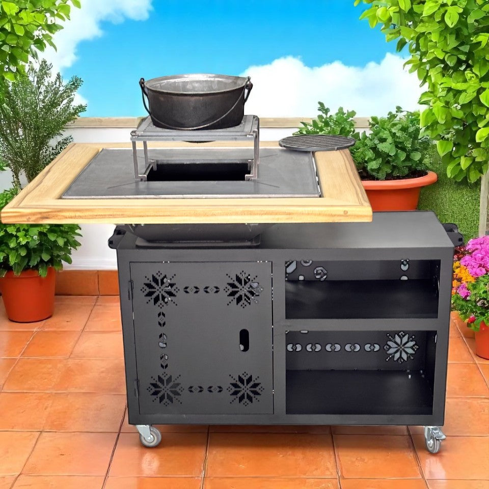 Gratar gradina cu plita 75 cm + blat lemn Firepit din otel 10 mm