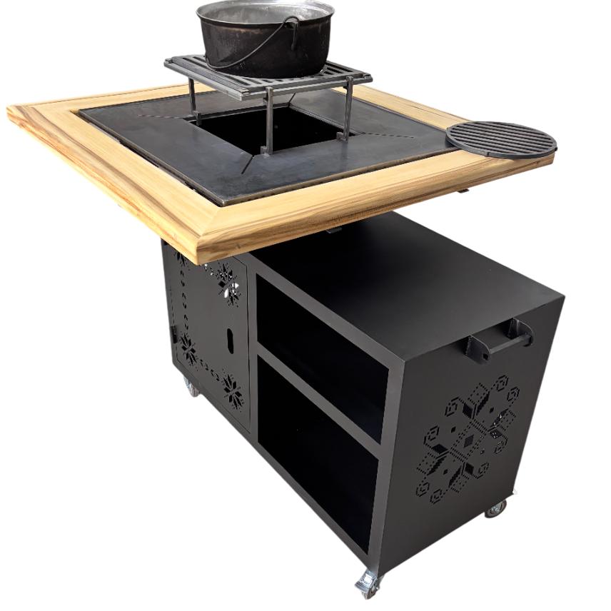 Gratar gradina cu plita 75 cm + blat lemn Firepit din otel 10 mm