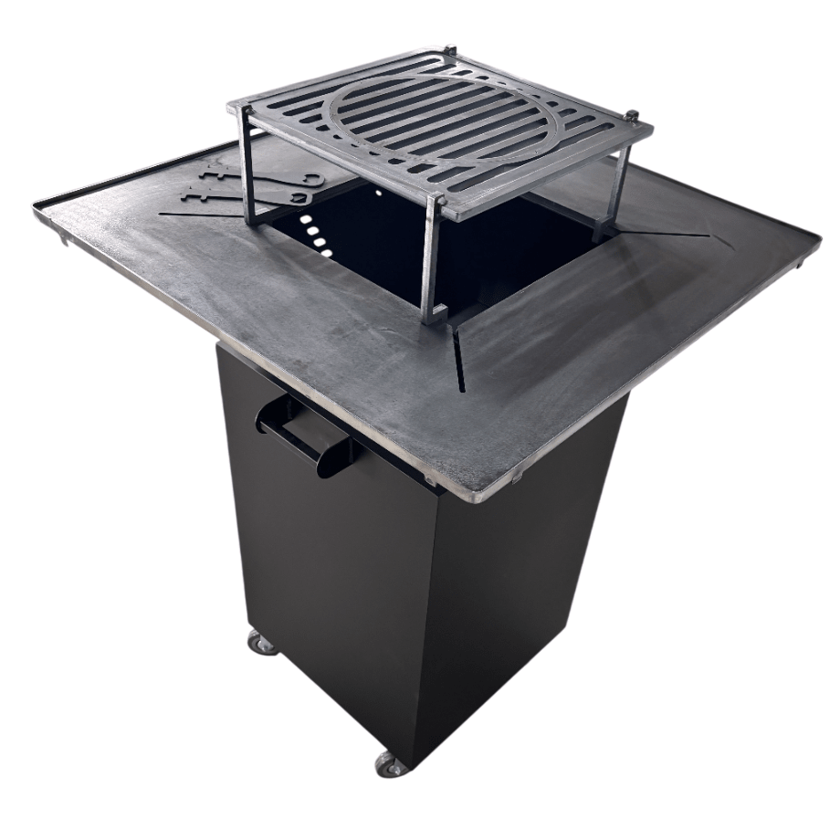 Fire Pit, Gratar cu plita 75x75 cm din otel 10 mm pe lemne, pentru gradina sau terasa + blat de lemn, cu sticla colorata NEVOPSIT, FARA BLAT DE LEMN SI FARA MOTIVE TRADITIONALE - BUZ.RO